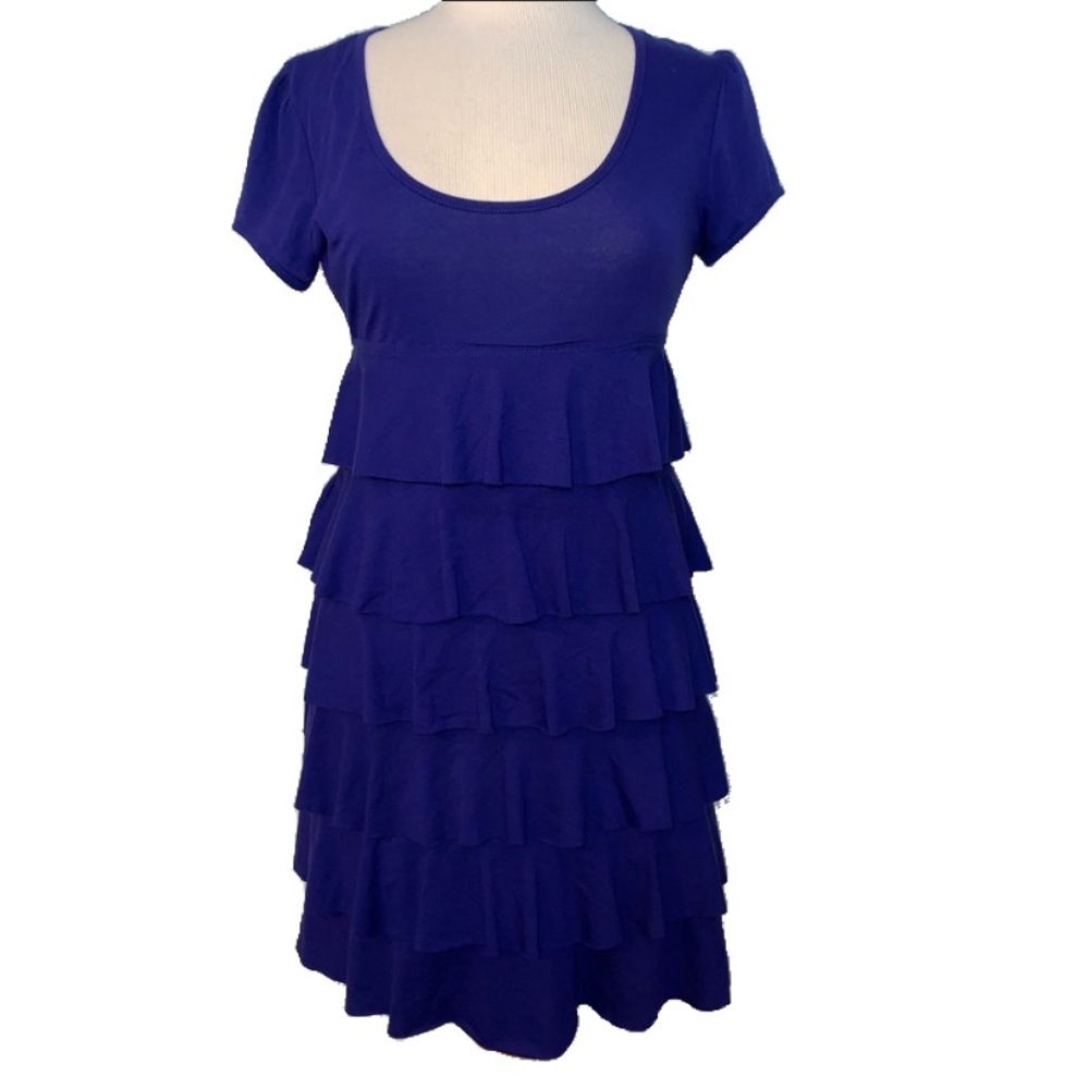 Blue scoop neck dress with ruffle tiers